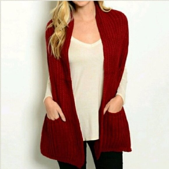 BURGUNDY KNITTED SCARF WITH POCKETS - Picture 1 of 2